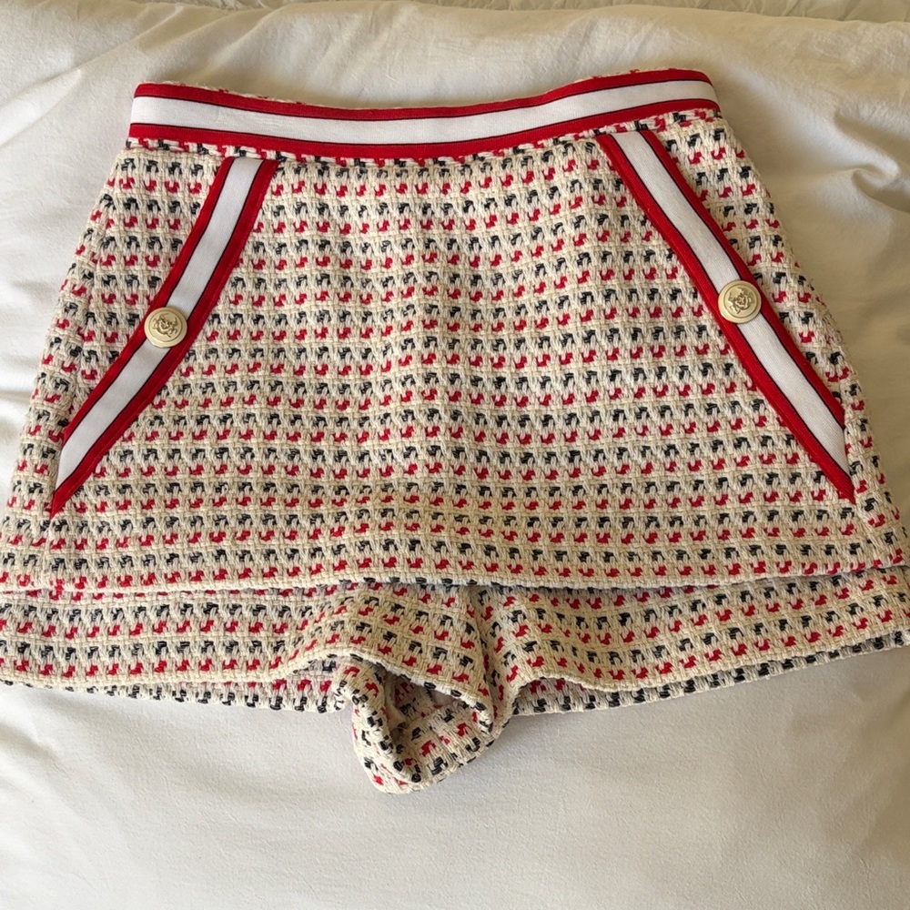 Maje Tweed Shorts Size 36 (XS) | Cream Red Trim High Waist Parisian Style